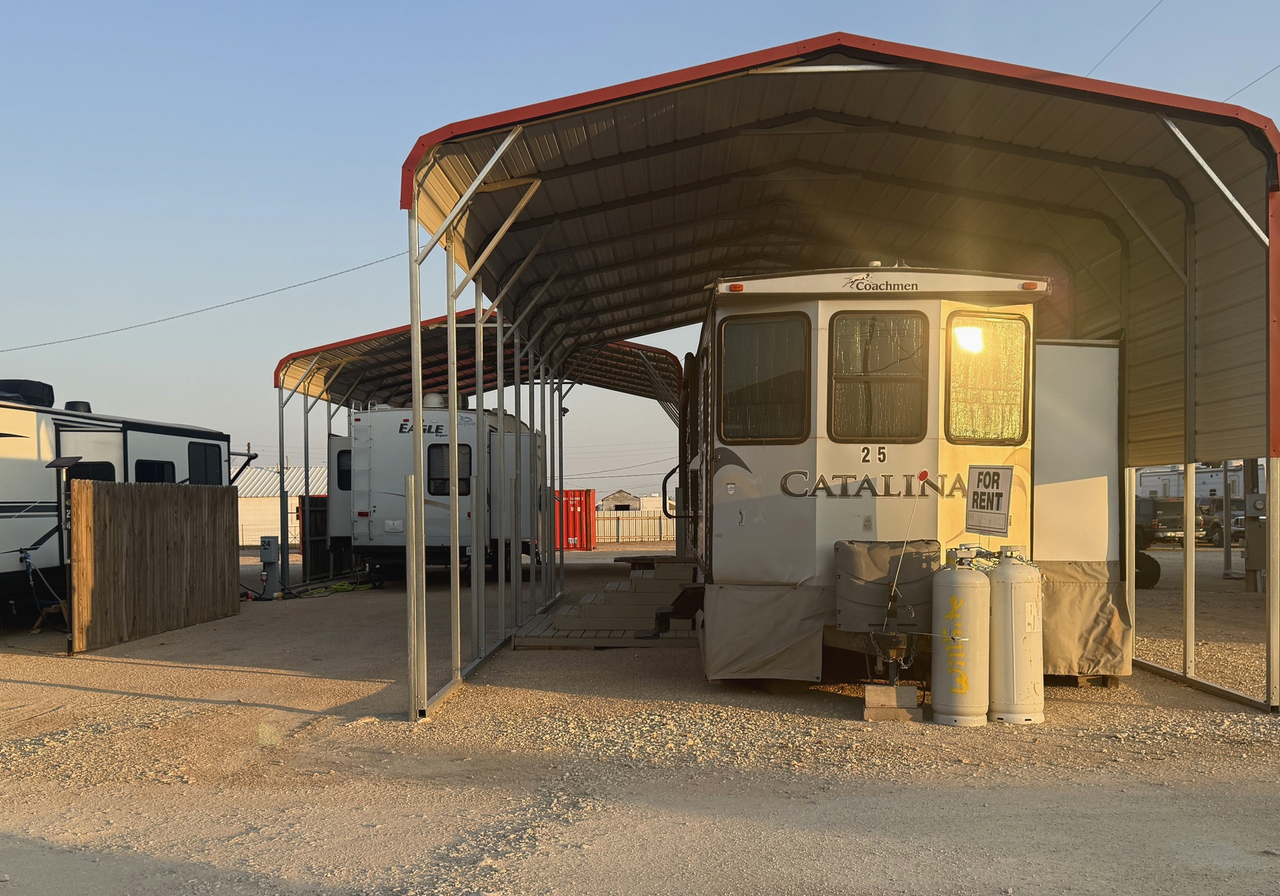 The Catalina park model under its carport at Goldsmith RV Park & Housing